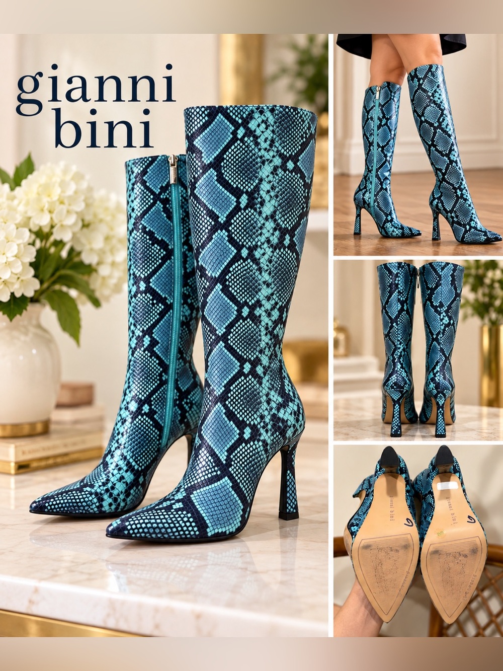 Gianni Bini Teal Snakeskin Knee High Pointed Toe Boots Size 6M
